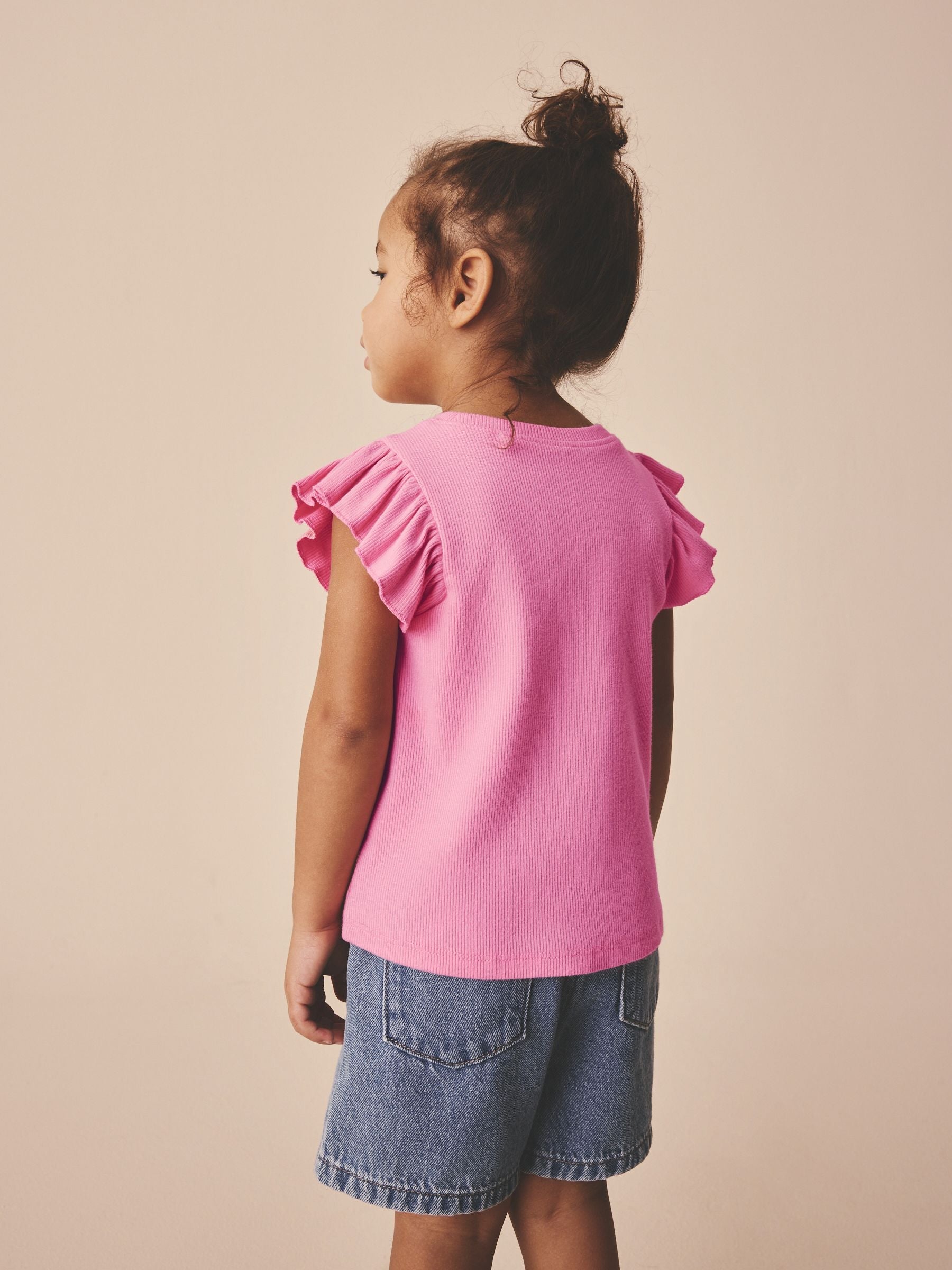 Bright Pink Frill Shoulder Ribbed Vest (3mths-7yrs)