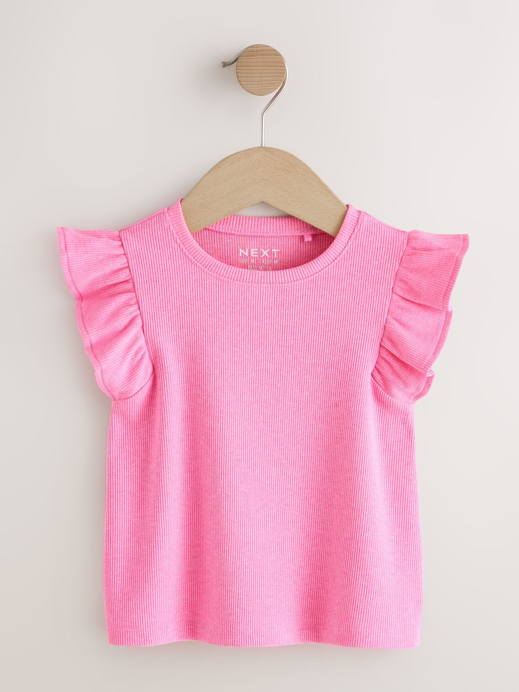 Bright Pink Frill Shoulder Ribbed Vest (3mths-7yrs)