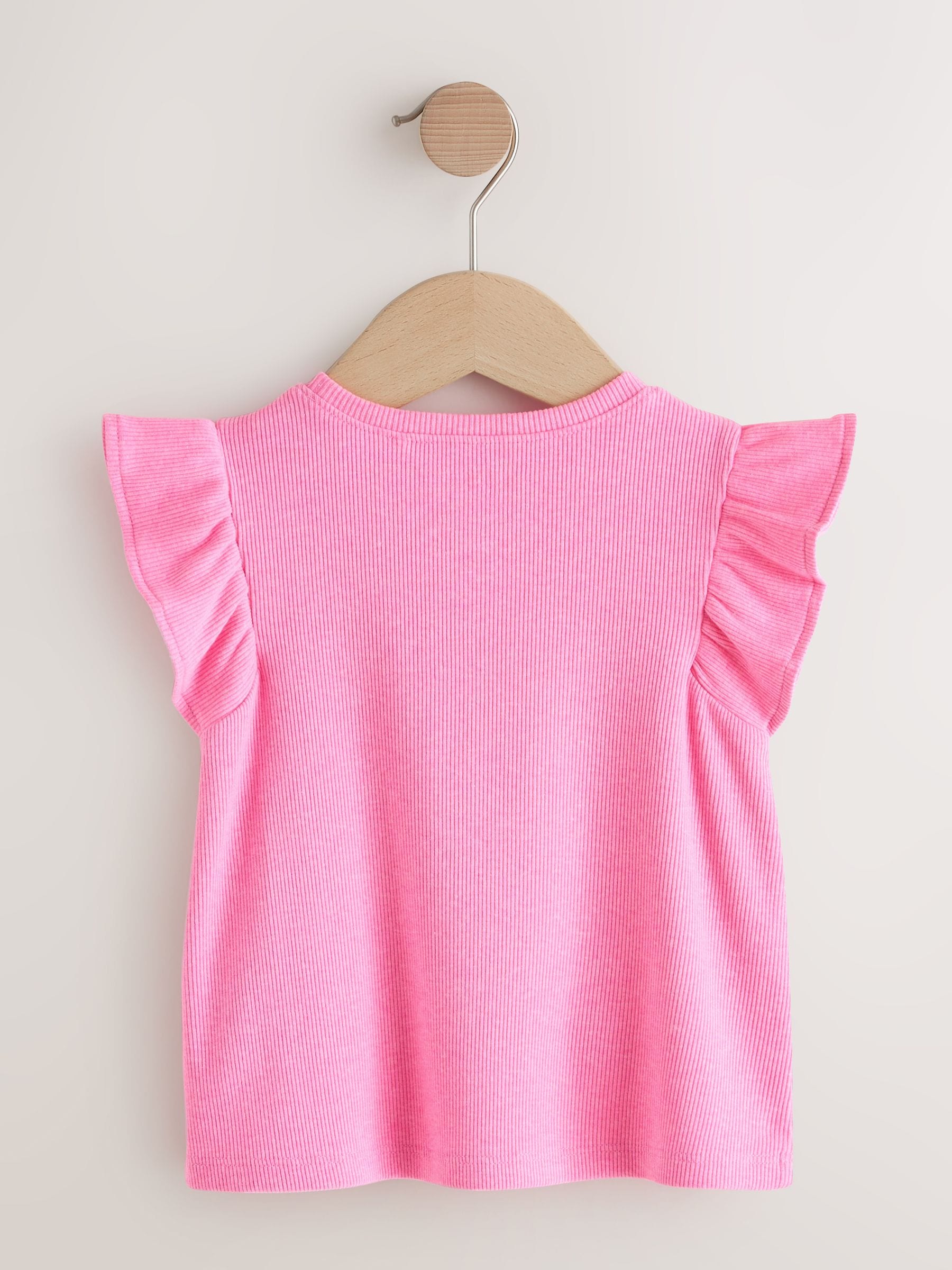 Bright Pink Frill Shoulder Ribbed Vest (3mths-7yrs)