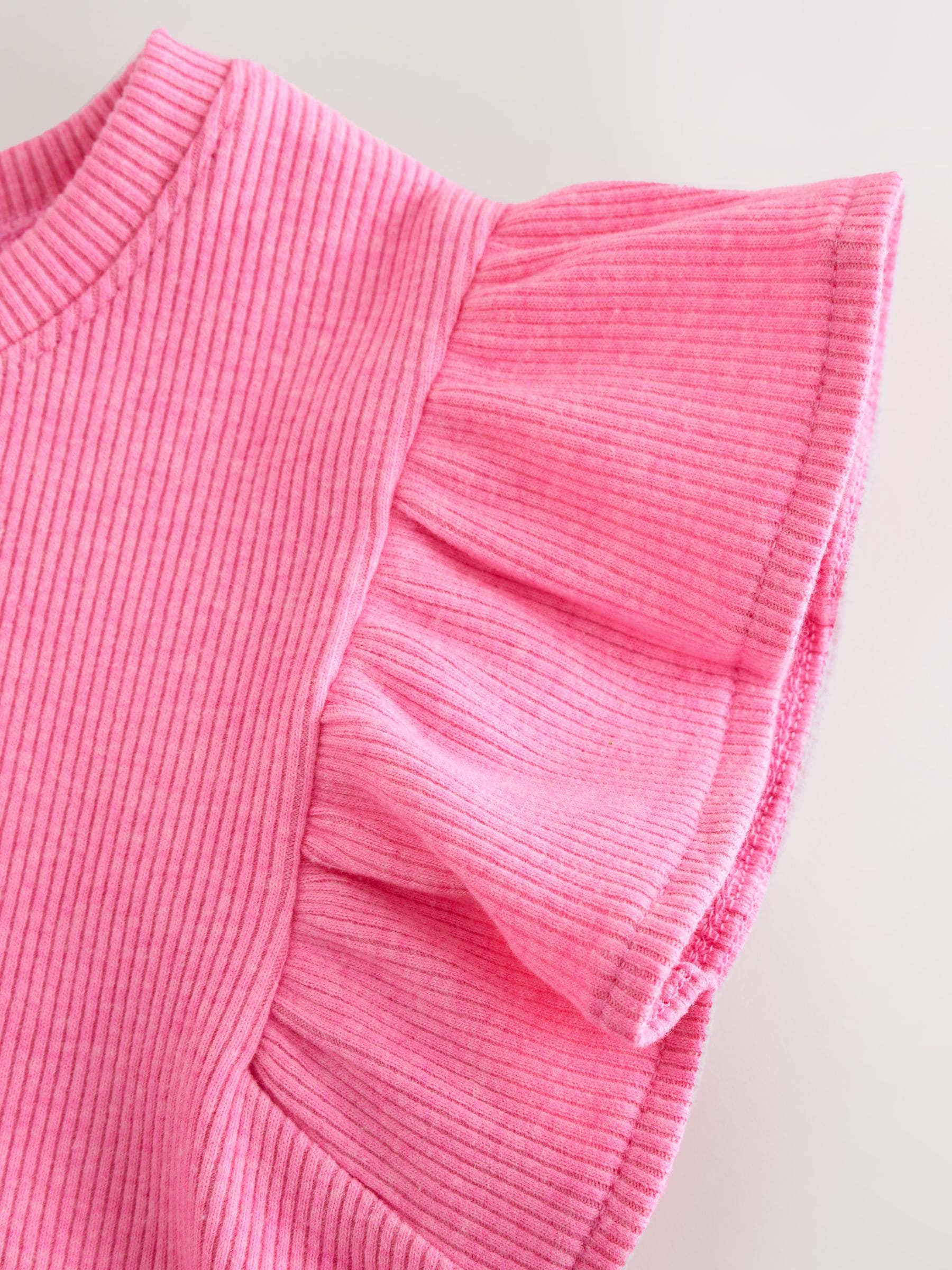 Bright Pink Frill Shoulder Ribbed Vest (3mths-7yrs)
