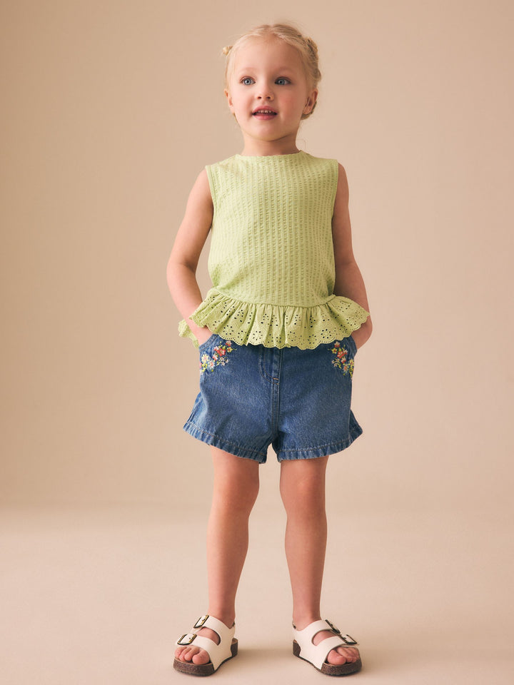 Mid Blue Denim Embroidered Flower Pull On Denim Shorts (3mths-10yrs)