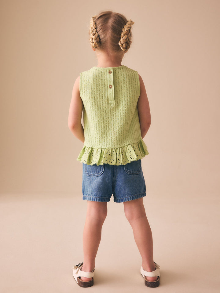Mid Blue Denim Embroidered Flower Pull On Denim Shorts (3mths-10yrs)