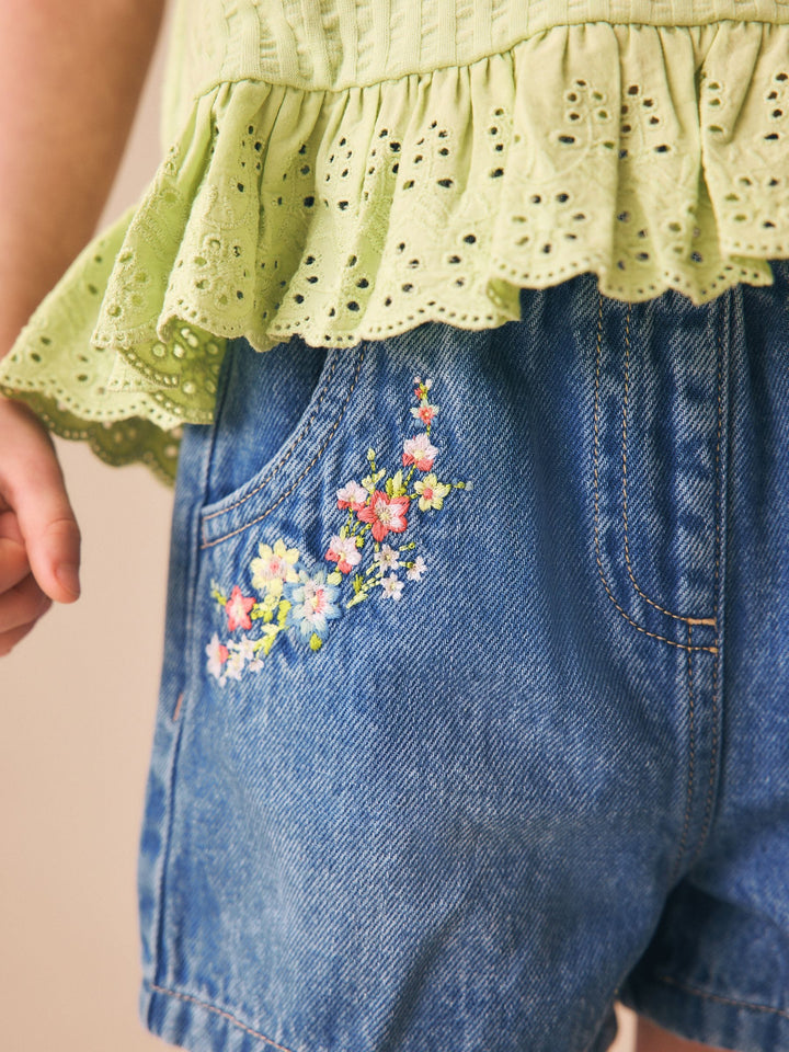 Mid Blue Denim Embroidered Flower Pull On Denim Shorts (3mths-10yrs)