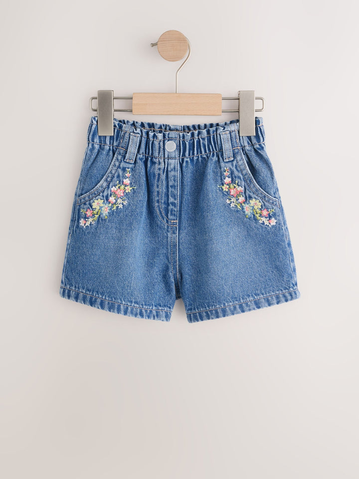 Mid Blue Denim Embroidered Flower Pull On Denim Shorts (3mths-10yrs)