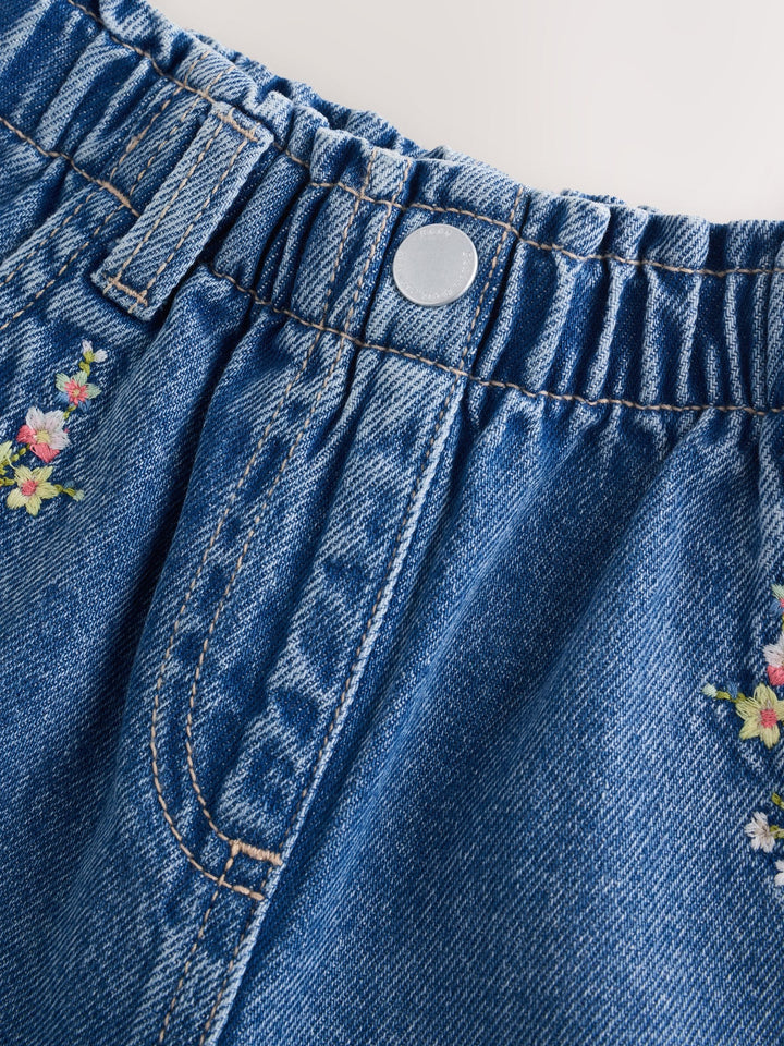 Mid Blue Denim Embroidered Flower Pull On Denim Shorts (3mths-10yrs)