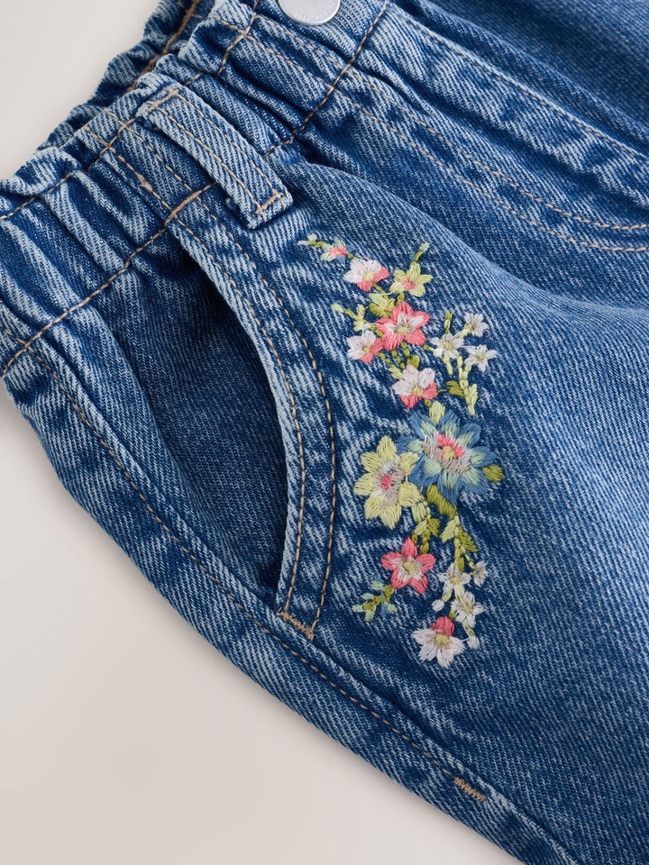 Mid Blue Denim Embroidered Flower Pull On Denim Shorts (3mths-10yrs)