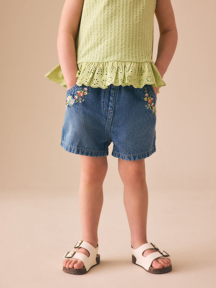 Mid Blue Denim Embroidered Flower Pull On Denim Shorts (3mths-10yrs)