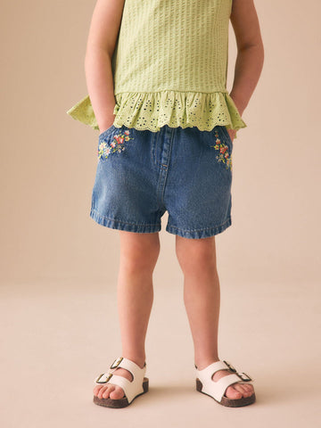 Mid Blue Denim Embroidered Flower Pull On Denim Shorts (3mths-10yrs)