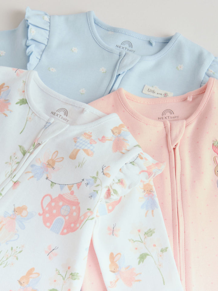 Multi Two Way Zip Baby Sleepsuit 3 Pack (0mths-3yrs)