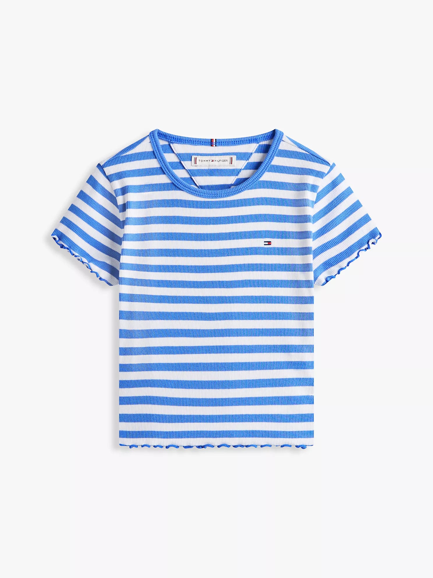Tommy Hilfiger Girls Lettuce-Trim Ribbed Top in Empire Blue Stripes