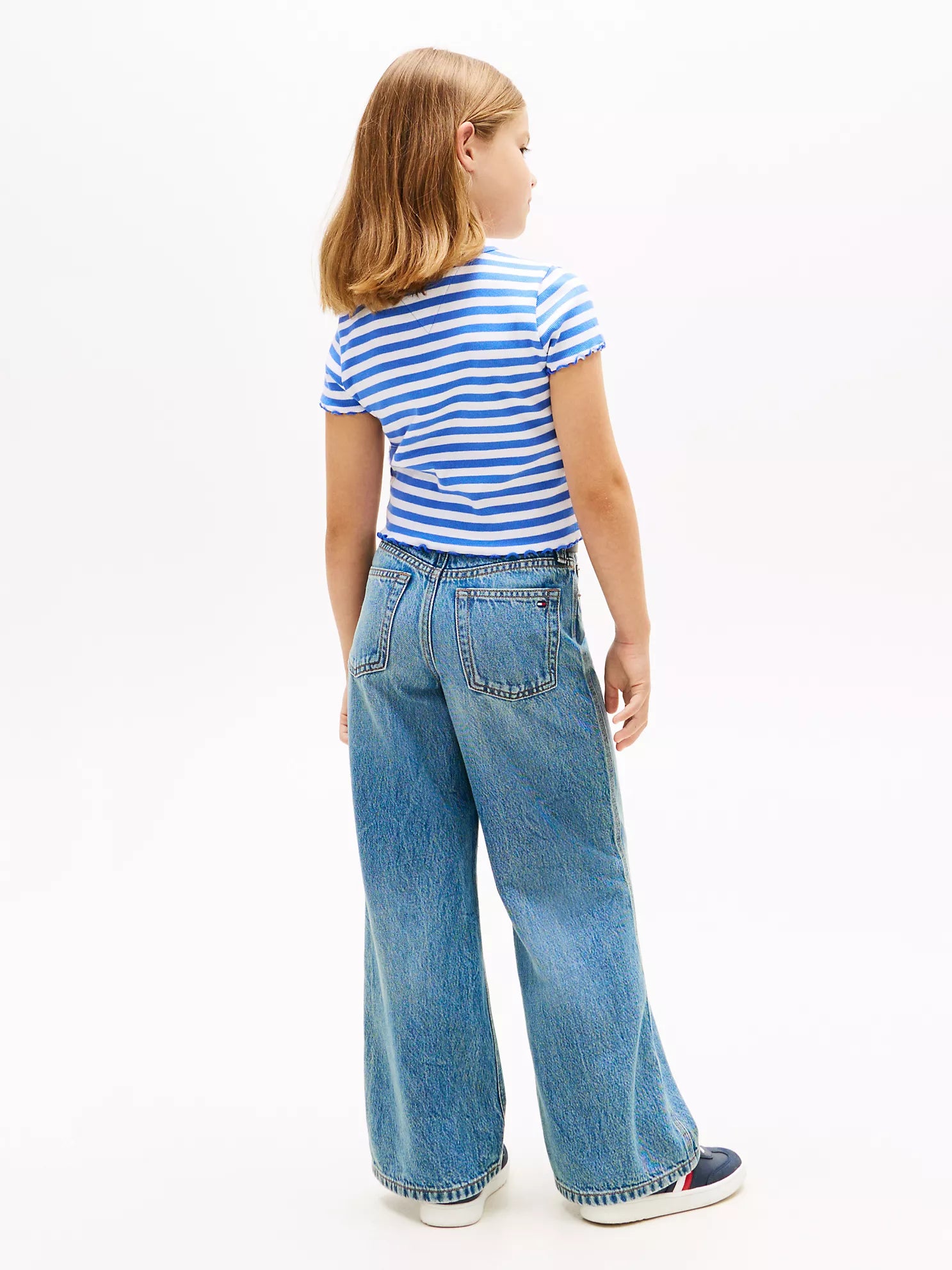 Tommy Hilfiger Girls Lettuce-Trim Ribbed Top in Empire Blue Stripes