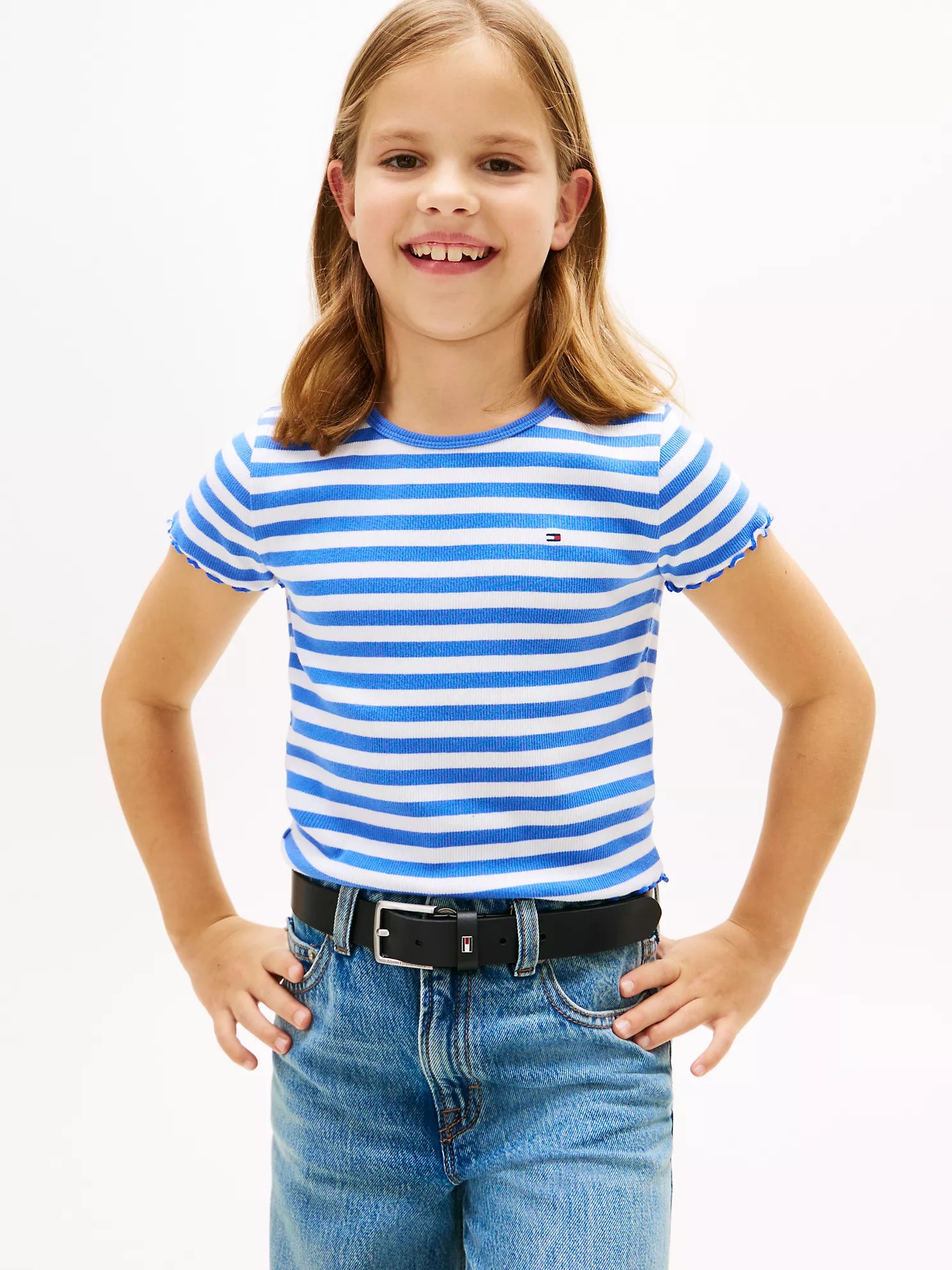 Tommy Hilfiger Girls Lettuce-Trim Ribbed Top in Empire Blue Stripes
