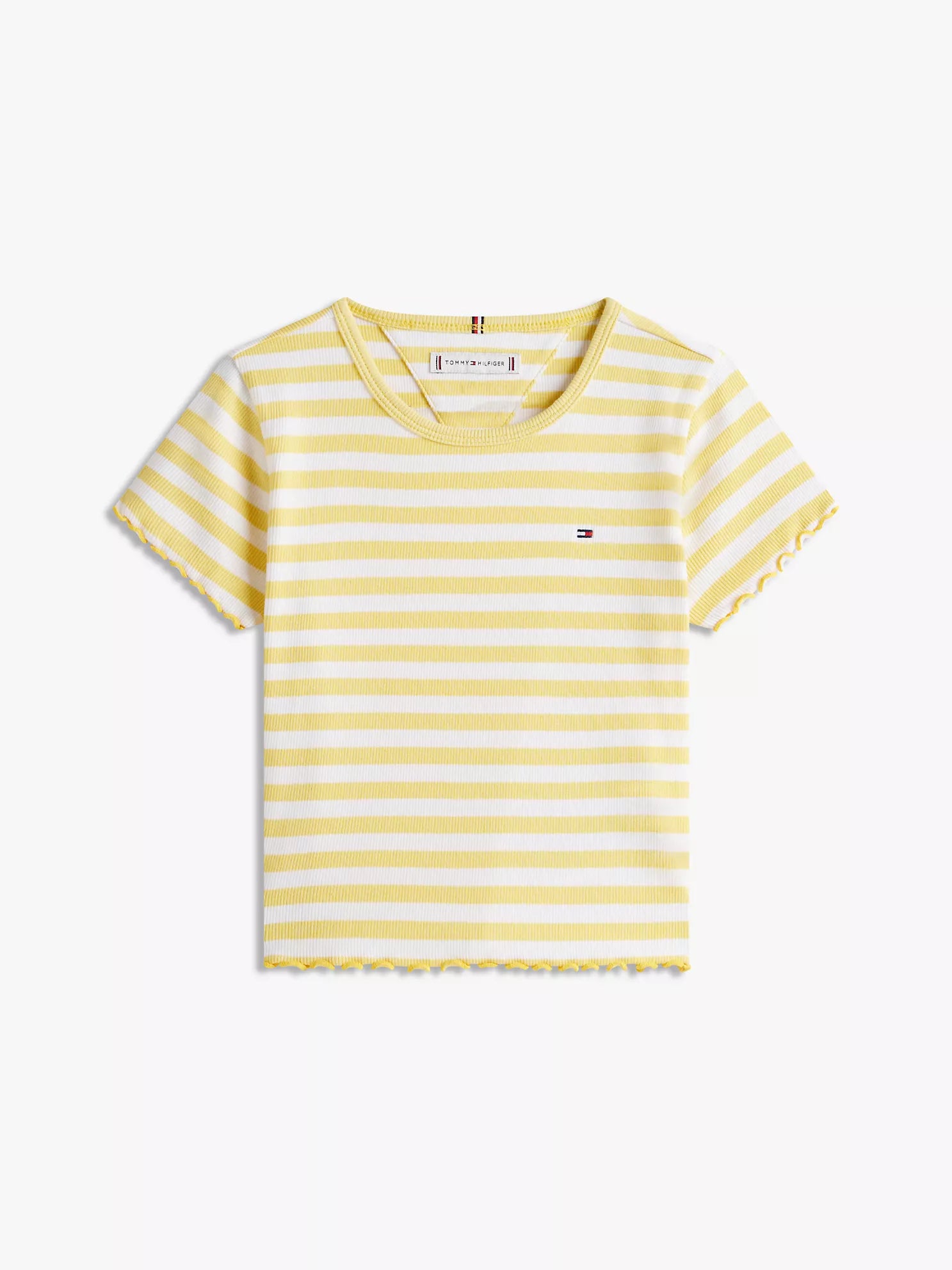 Tommy Hilfiger Girls Ribbed Lettuce Trim Striped Short Sleeve Top