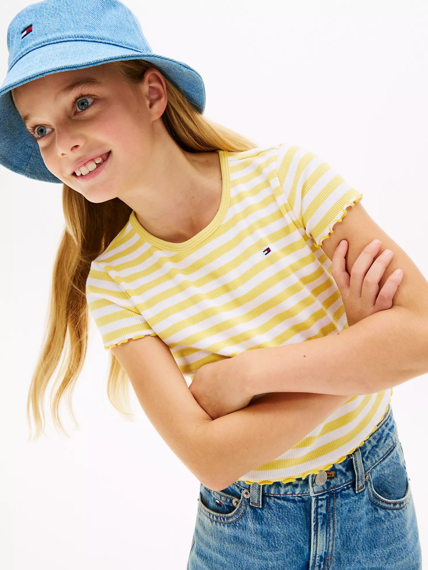 Tommy Hilfiger Girls Ribbed Lettuce Trim Striped Short Sleeve Top