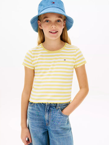 Tommy Hilfiger Girls Ribbed Lettuce Trim Striped Short Sleeve Top