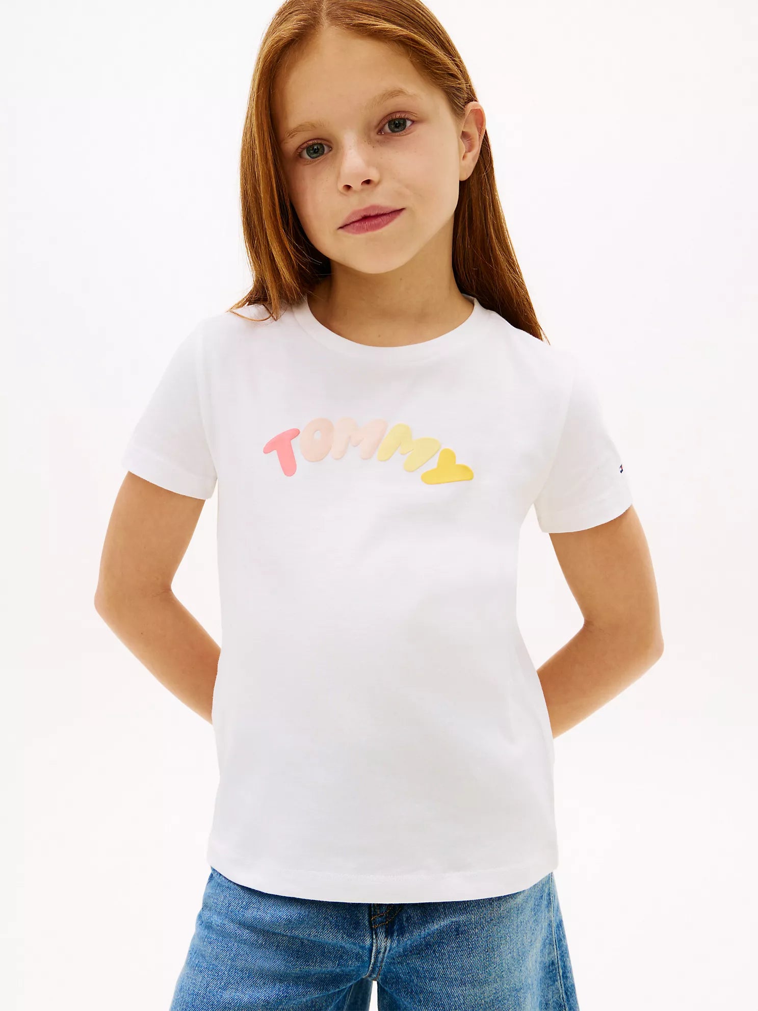 Tommy Hilfiger Girls White Multicolor Puff Logo Cotton T-Shirt