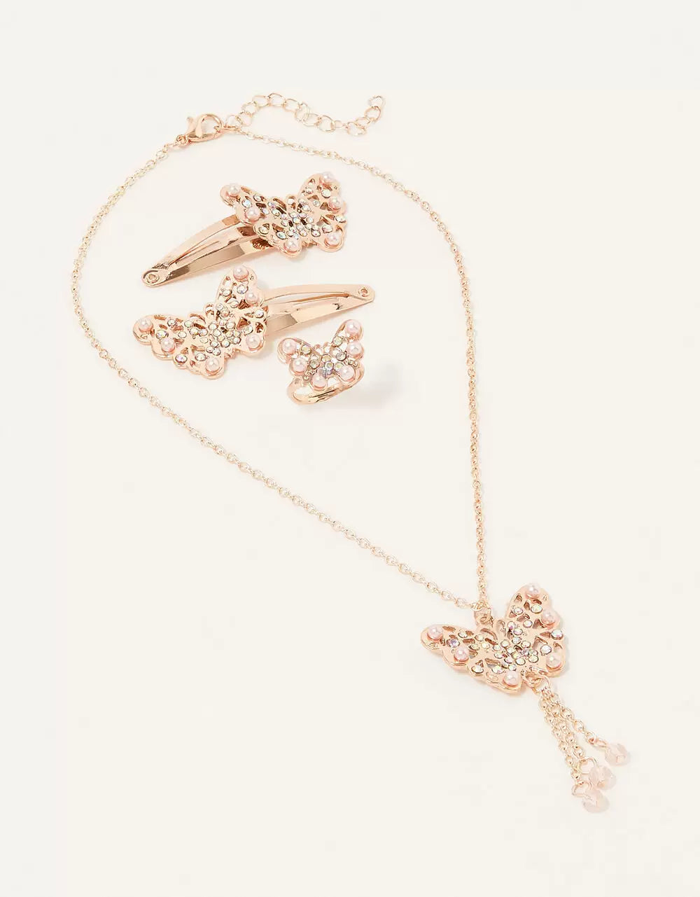 Original British single-piece hair clip set by Monsoon Children, featuring pearl and diamond necklace and rings.