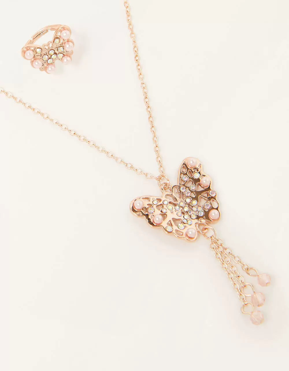 Original British single-piece hair clip set by Monsoon Children, featuring pearl and diamond necklace and rings.