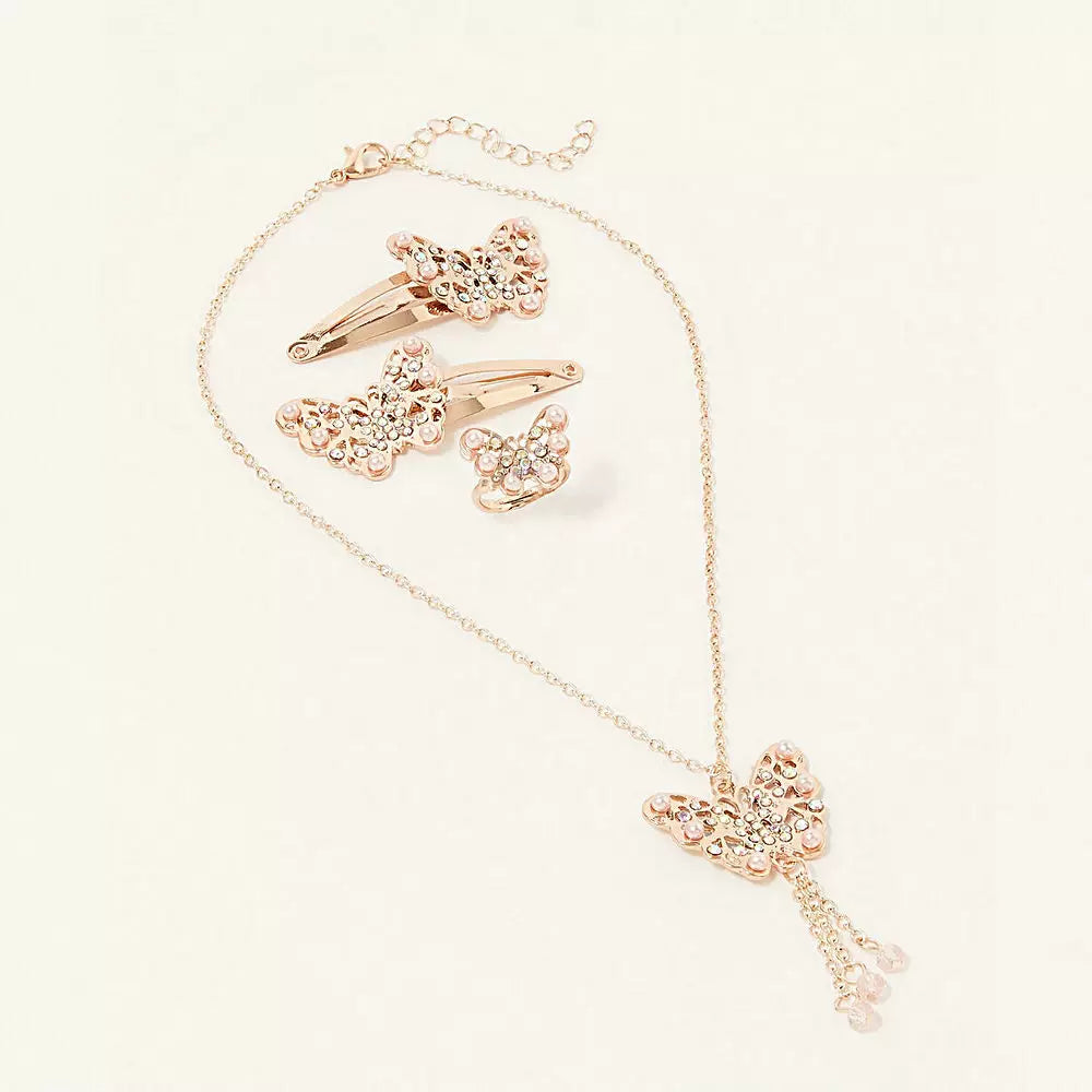 Original British single-piece hair clip set by Monsoon Children, featuring pearl and diamond necklace and rings.