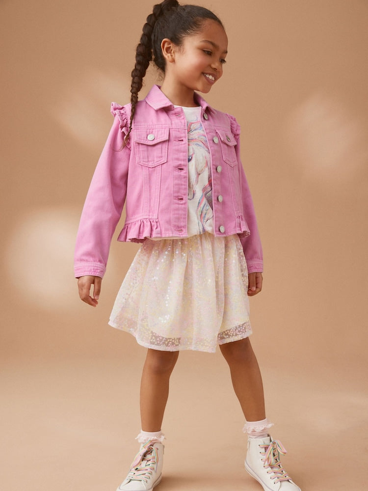 Rosa brilhante - Jaqueta jeans Frill Shoulder (3-16anos) - Image 1 of 13