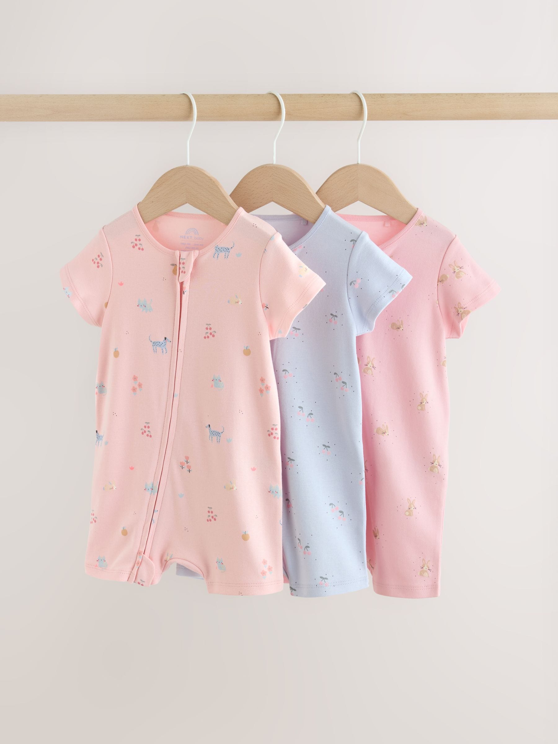 Pink/Blue Two Way Zip Baby Rompers 3 Pack (0mths-3yrs)