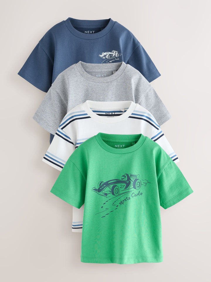 Blue/Green Car Short Sleeve Graphic T-Shirts 4 Pack (3mths-7yrs)
