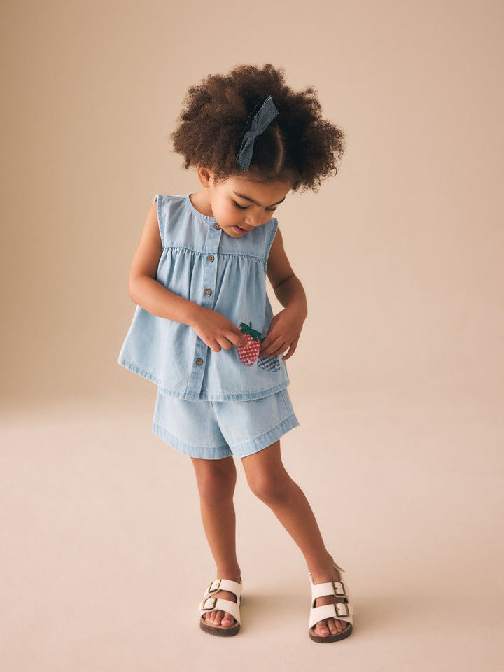 Strawberry Embroidered Denim Blouse And Short Co-ord Set (3mths-8yrs)