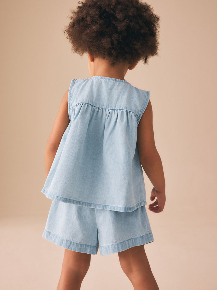 Strawberry Embroidered Denim Blouse And Short Co-ord Set (3mths-8yrs)