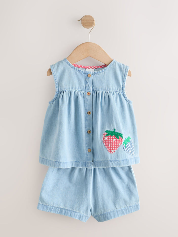 Strawberry Embroidered Denim Blouse And Short Co-ord Set (3mths-8yrs)