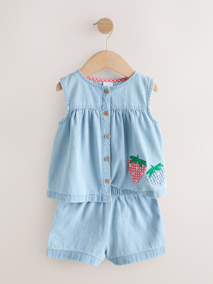 Strawberry Embroidered Denim Blouse And Short Co-ord Set (3mths-8yrs)