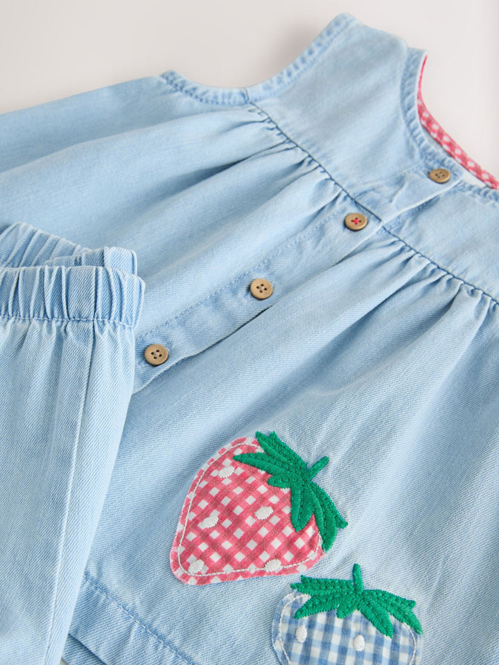 Strawberry Embroidered Denim Blouse And Short Co-ord Set (3mths-8yrs)