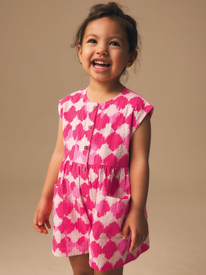 Neon Pink Soft Checkerboard Print Sleeveless Playsuit (3mths-10yrs)