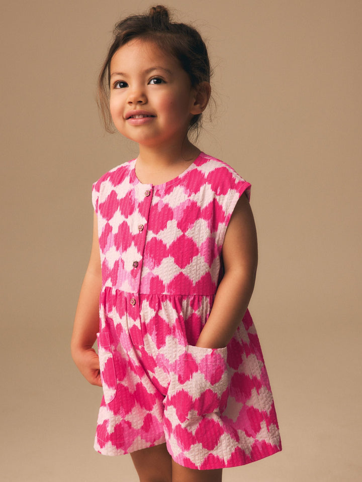 Neon Pink Soft Checkerboard Print Sleeveless Playsuit (3mths-10yrs)