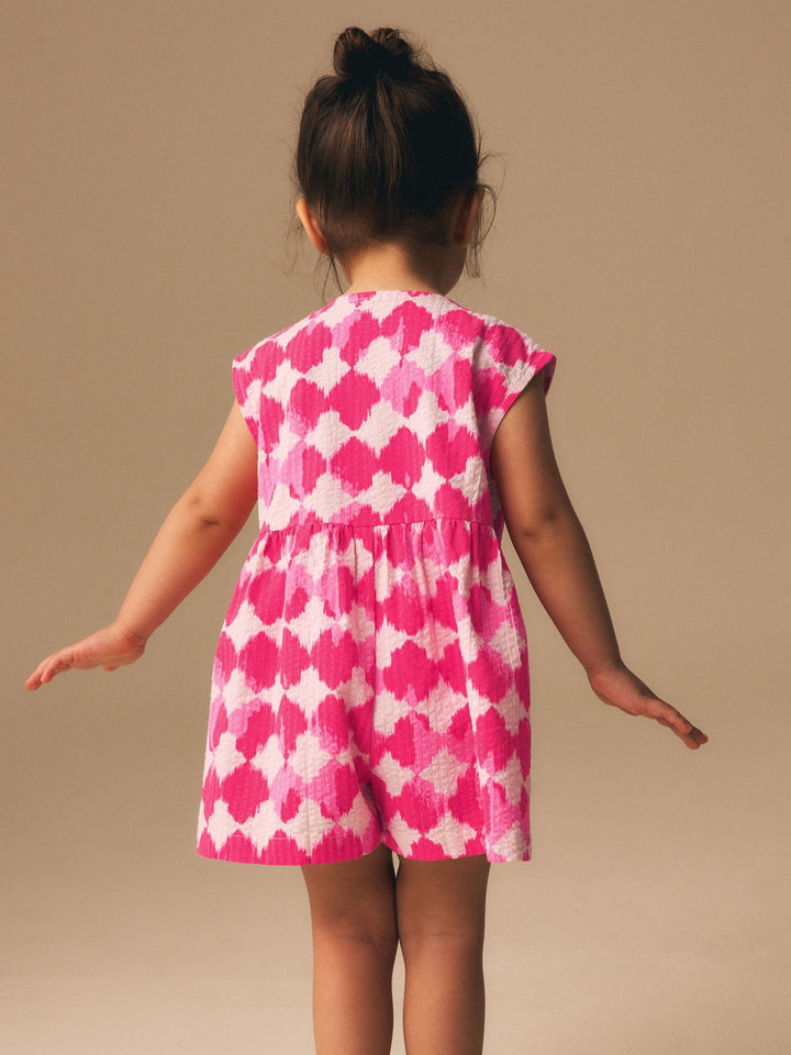 Neon Pink Soft Checkerboard Print Sleeveless Playsuit (3mths-10yrs)