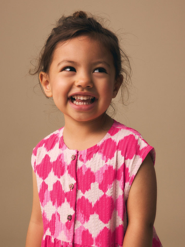 Neon Pink Soft Checkerboard Print Sleeveless Playsuit (3mths-10yrs)