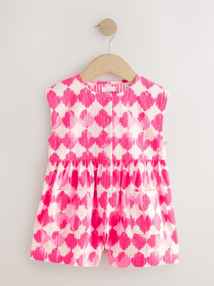 Neon Pink Soft Checkerboard Print Sleeveless Playsuit (3mths-10yrs)