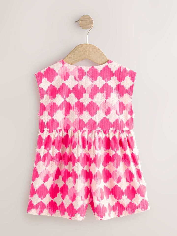 Neon Pink Soft Checkerboard Print Sleeveless Playsuit (3mths-10yrs)