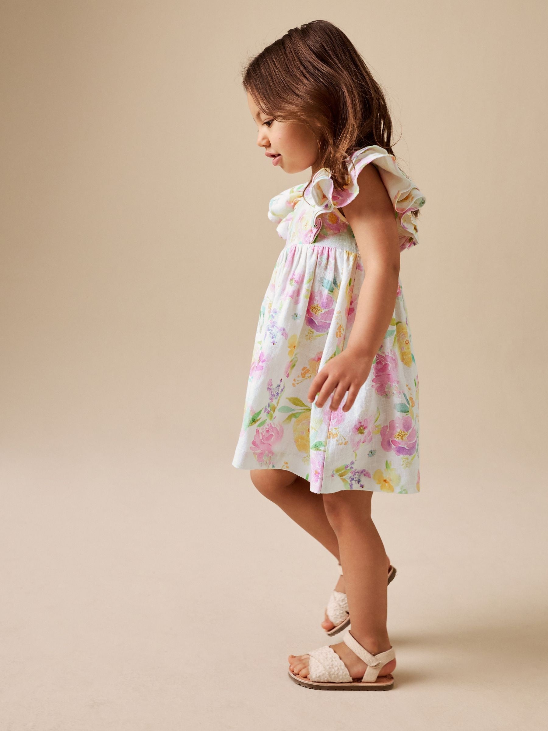 Lilac Floral Linen Frill Sleeve Dress (3mths-8yrs)