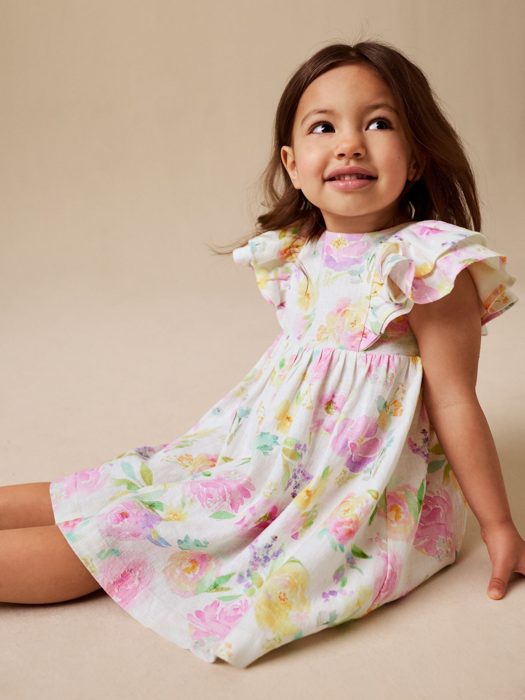 Lilac Floral Linen Frill Sleeve Dress (3mths-8yrs)