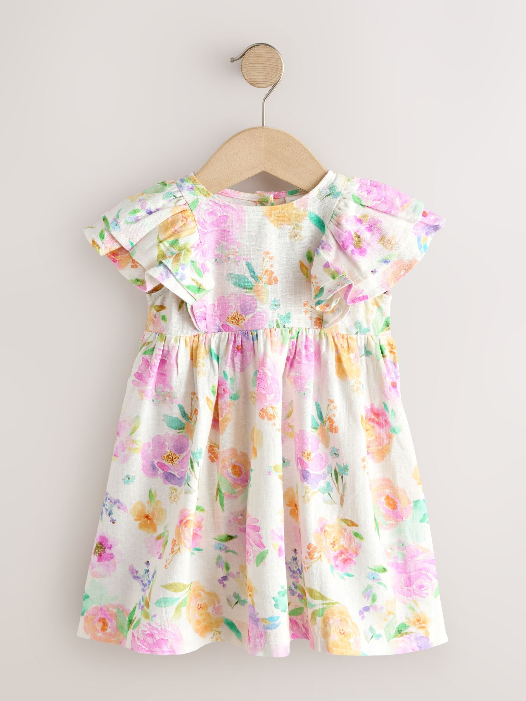 Lilac Floral Linen Frill Sleeve Dress (3mths-8yrs)