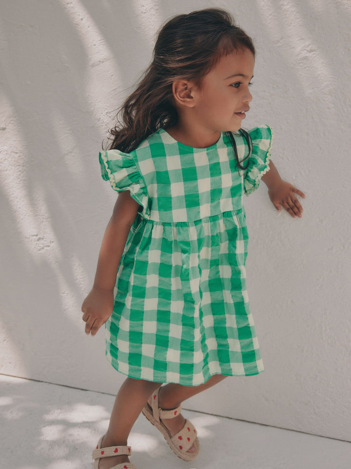 Green Check Ric Rac Frill Sleeve Dress (3mths-8yrs)