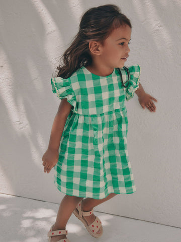 Green Check Ric Rac Frill Sleeve Dress (3mths-8yrs)