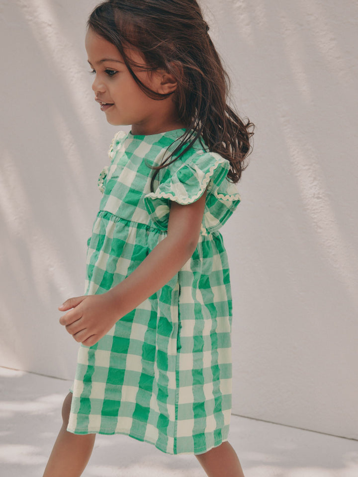 Green Check Ric Rac Frill Sleeve Dress (3mths-8yrs)