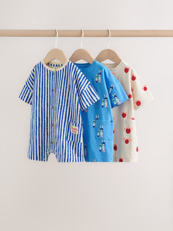 Blue/Ecru Printed Jersey Baby Rompers 3 Pack