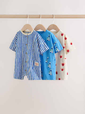 Blue/Ecru Printed Jersey Baby Rompers 3 Pack