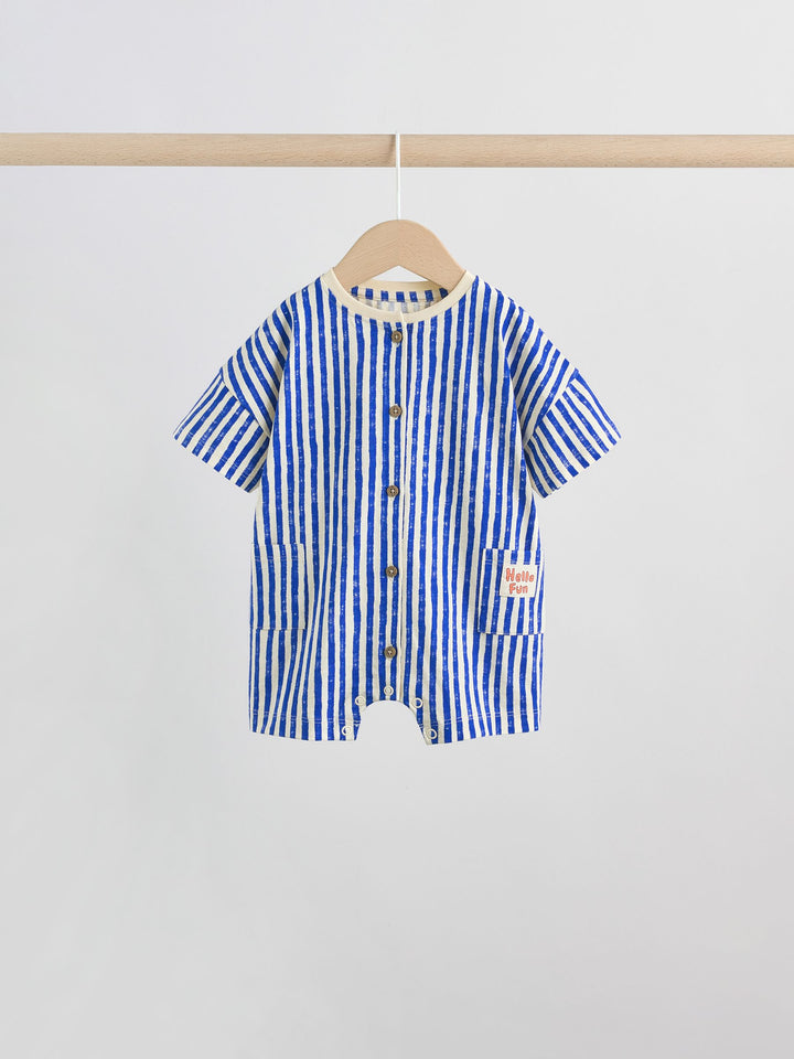 Blue/Ecru Printed Jersey Baby Rompers 3 Pack