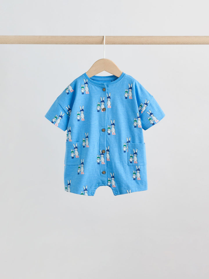 Blue/Ecru Printed Jersey Baby Rompers 3 Pack