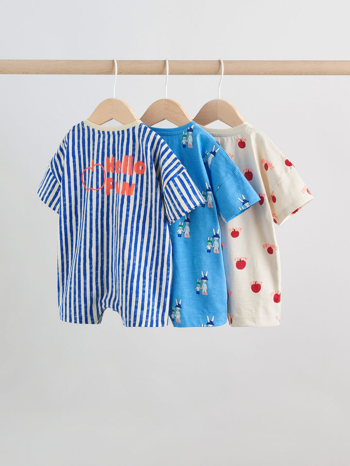 Blue/Ecru Printed Jersey Baby Rompers 3 Pack