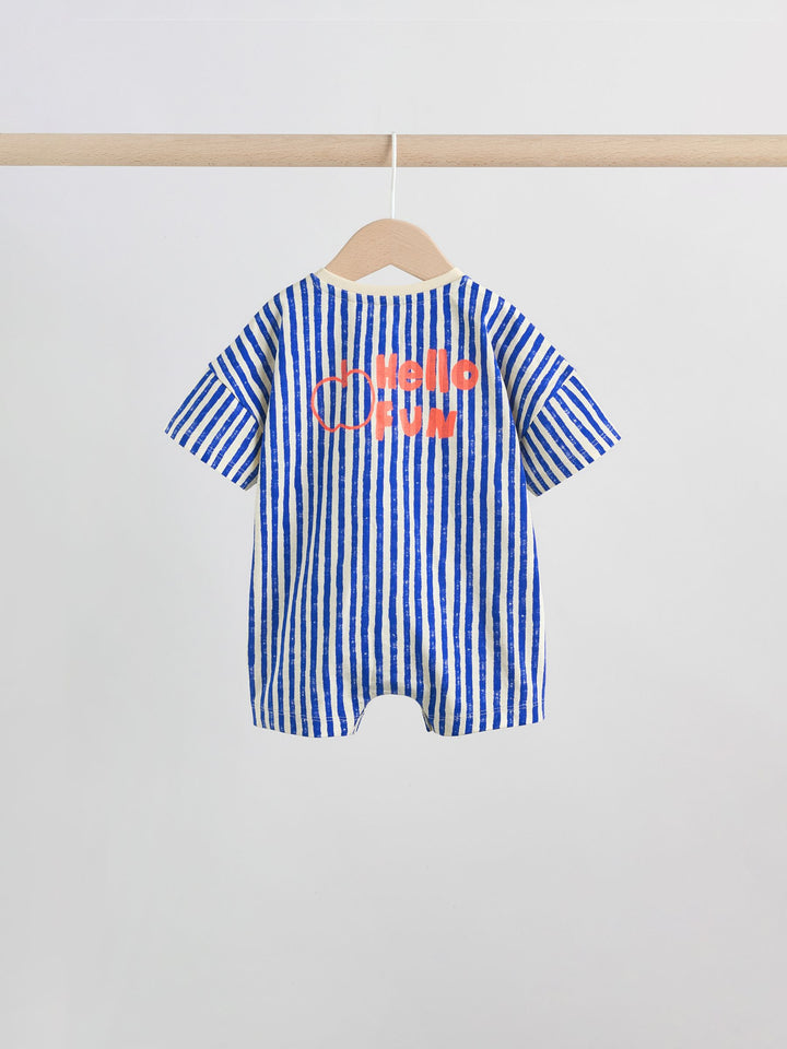Blue/Ecru Printed Jersey Baby Rompers 3 Pack