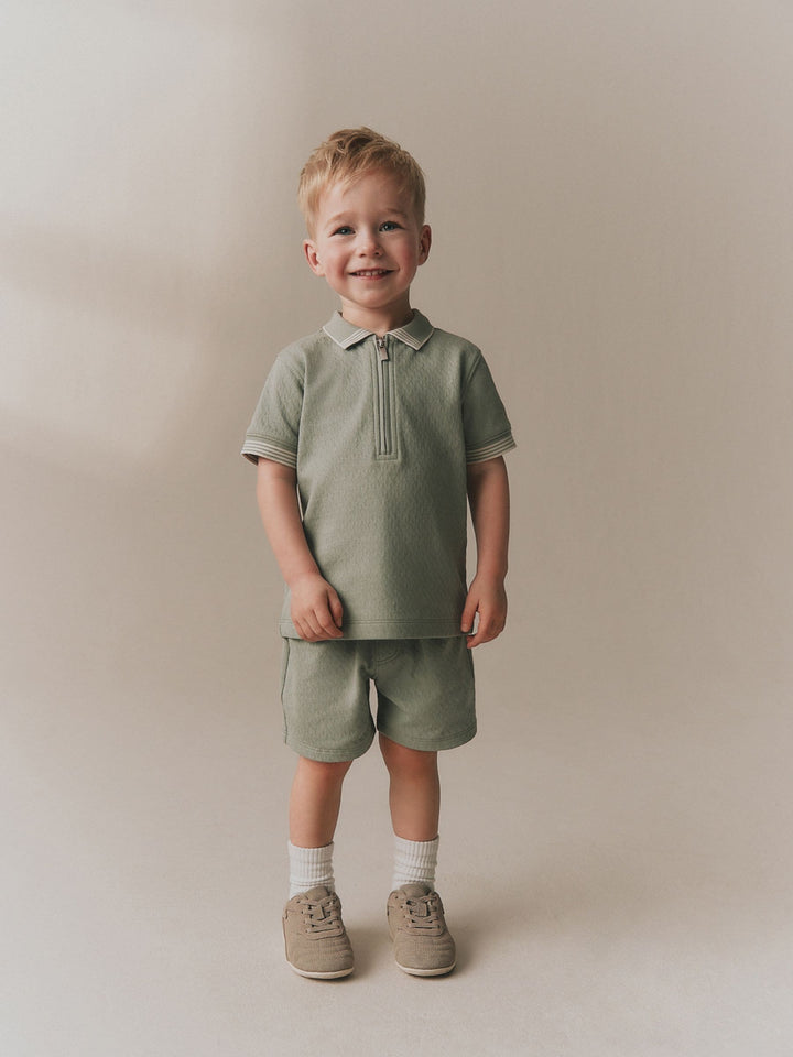 Sage Green Zip Neck Short Sleeve Polo Shirt And Shorts Set (3mths-7yrs)